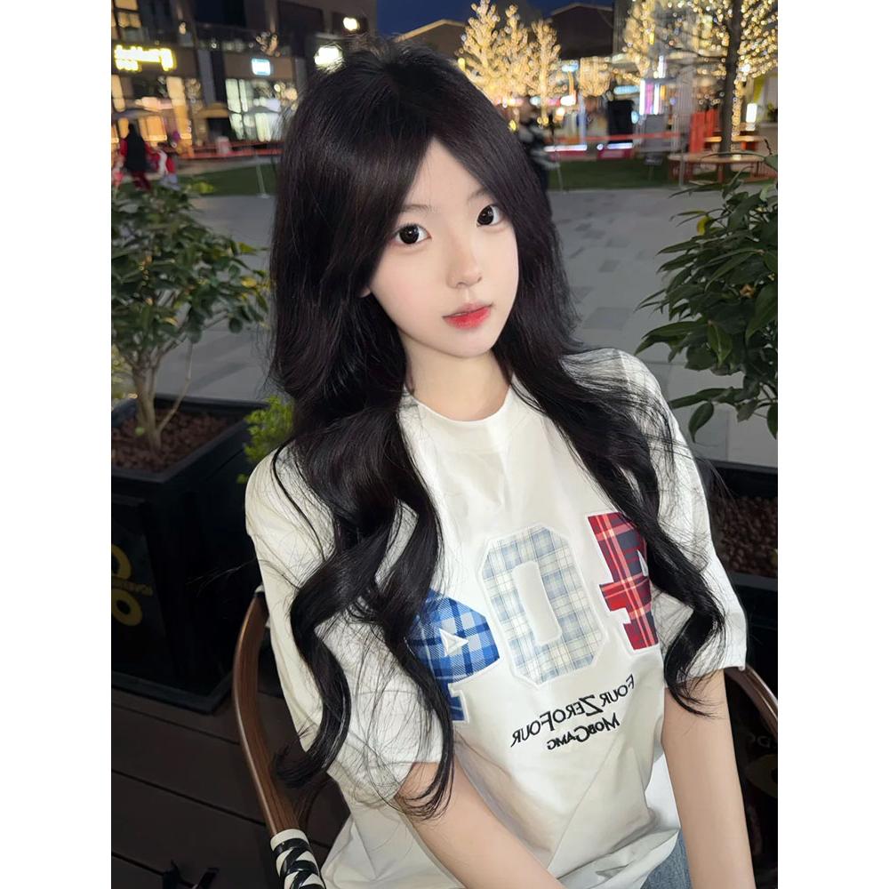 【19支230克后领包肩】贴布+刺绣美式宽松短袖t恤夏季字母上衣，女装T恤，米鹿服饰