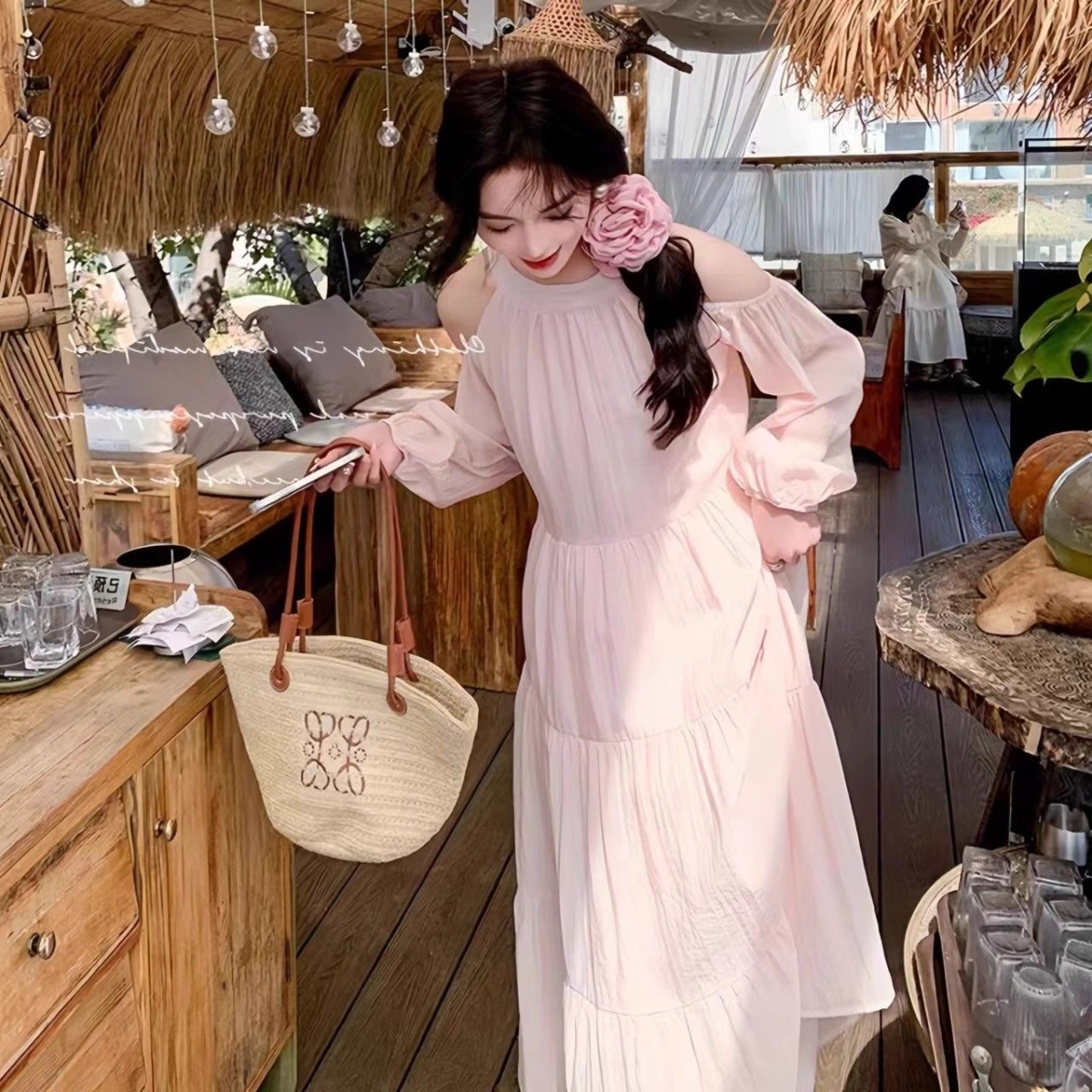 海边度假风露肩连衣裙女2025新款法式温柔风甜美宽松绝美仙女长裙，商品下架区商品下架区，米鹿服饰