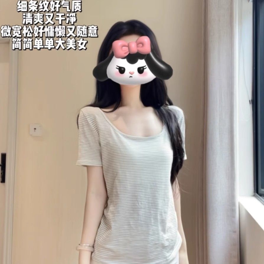 【官图原版布料色织条】韩版条纹短袖T恤宽松休闲百搭显瘦上，女装T恤，米鹿服饰