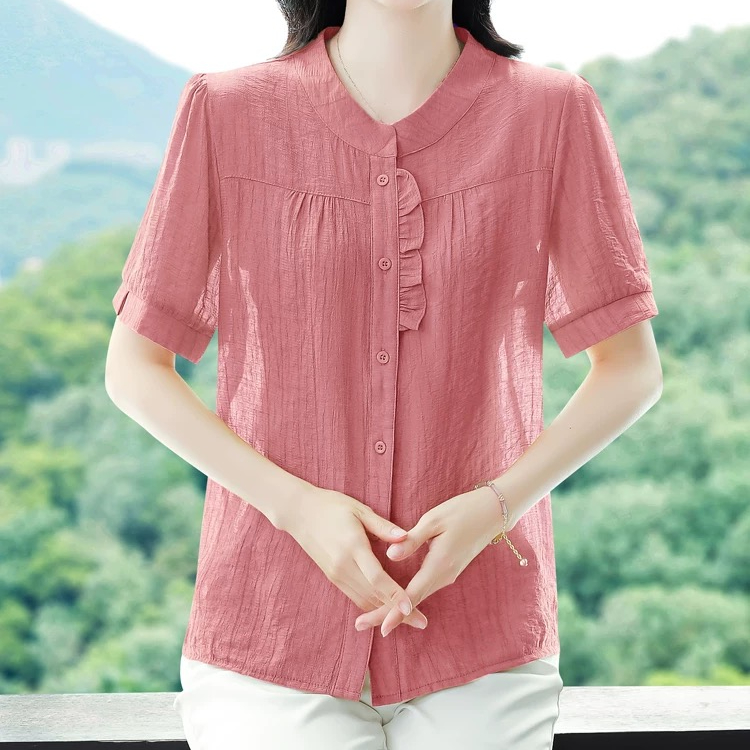 冰丝皱夏季宽松遮肚子衬衣薄款衬衫显瘦洋气短袖妈妈装上衣，女装T恤，米鹿服饰