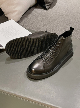 里奈男鞋中帮马丁靴男士工装英伦风黑色高帮皮鞋潮流痞帅牛皮短靴