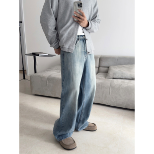 休闲棉感设计感长裤 男2025年新款 潮 竹节纹直筒宽松牛仔裤 里奈男装