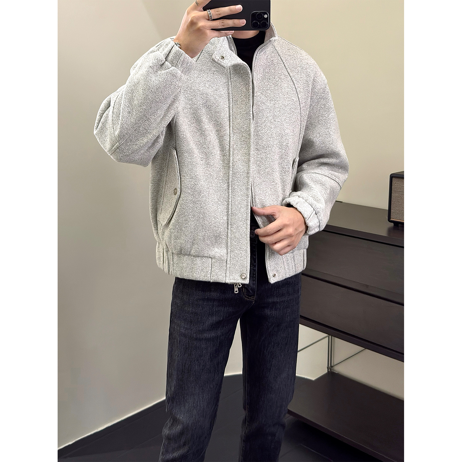休闲宽松羊毛立领夹克男士百搭潮