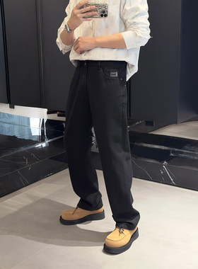里奈男装高端定制韩系复古水洗通勤黑色牛仔裤男直筒宽松休闲长裤