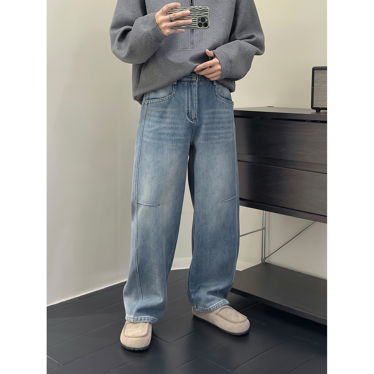 秋冬加绒宽松直筒蓝色牛仔裤男