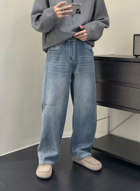 里奈男装「冰川水洗」秋冬加绒宽松直筒蓝色牛仔裤男休闲百搭长裤