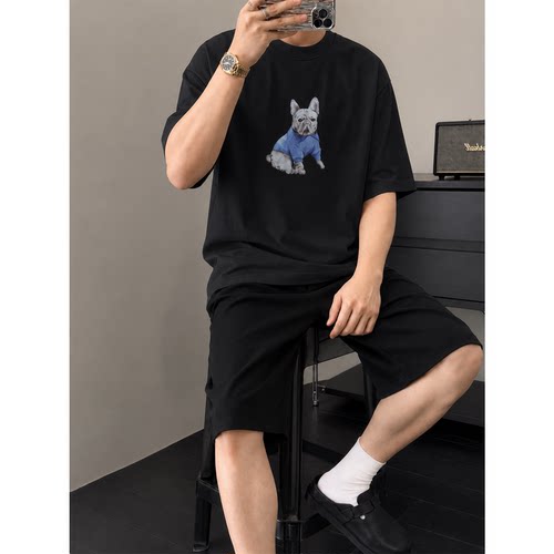 美式复古蓝衣服法斗小狗印花短袖