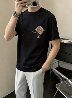 夏季男士复古贴标印花T恤2026新款宽松纯棉短袖 潮牌休闲半袖上衣