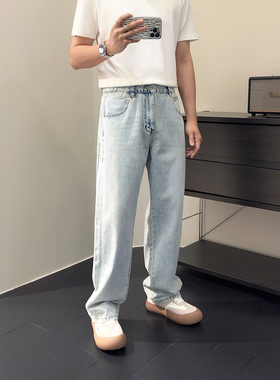 里奈男装重磅水洗浅蓝色牛仔裤直筒垂感立体剪裁休闲长裤2025早秋