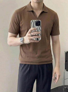 男士夏季冰丝针织Polo衫男短袖V领开襟t恤商务休闲保罗衫半袖上衣