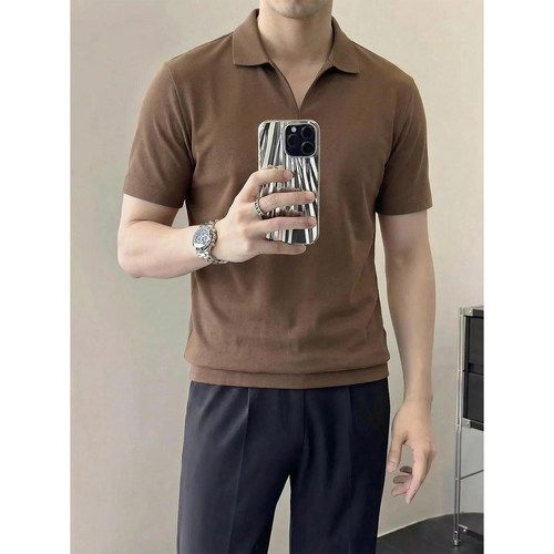夏季冰丝针织Polo衫男短袖V领