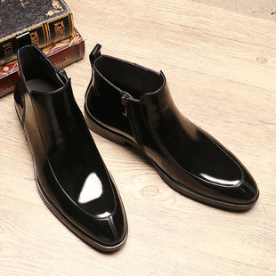 秋冬新款休闲高帮皮鞋马丁靴男短靴子真皮亮面切尔西靴尖头潮男靴