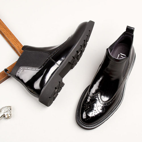 切尔西靴雕花商务风套筒高帮皮鞋