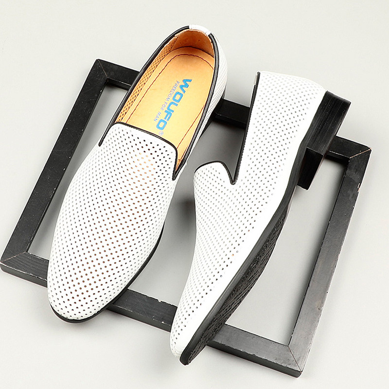 夏季英伦真皮商务休闲透气镂空皮鞋男牛皮韩版潮流一脚蹬男士凉鞋