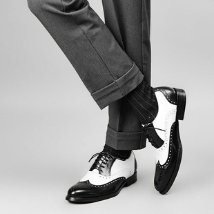 英伦时尚雕花男鞋黑白拼色商务正装皮鞋男真皮透气低帮男单鞋子潮