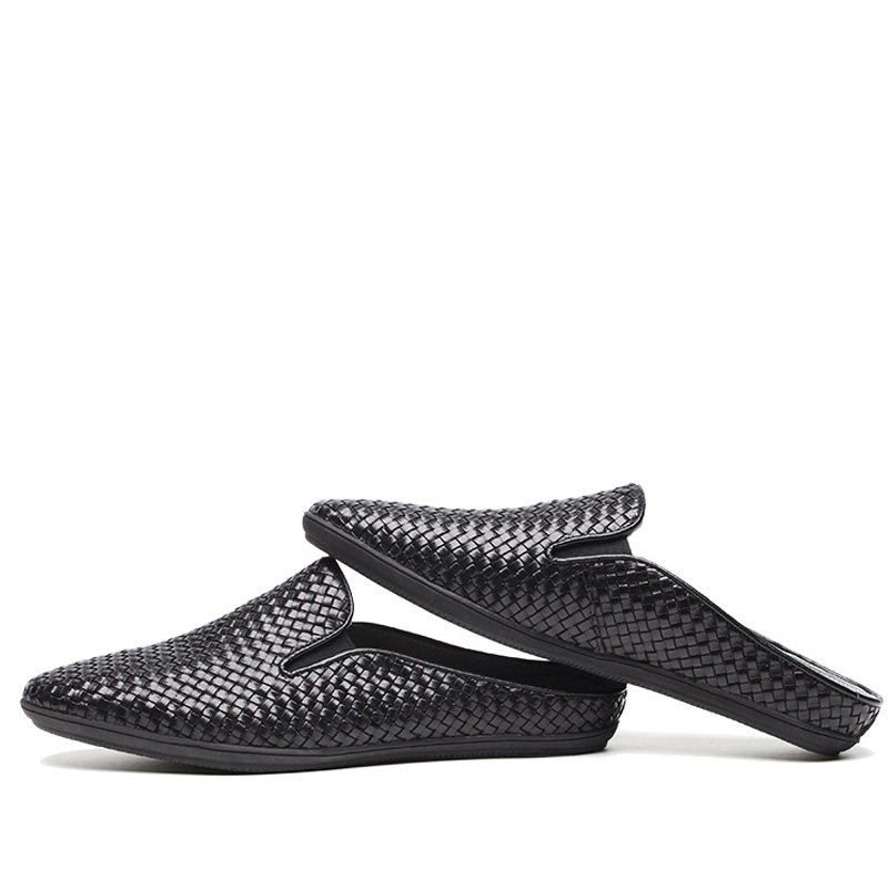 正品夏季新款无后跟男鞋包头拖鞋男鞋白色编织休闲真皮潮男半拖鞋