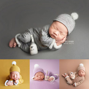 组合 新生儿婴儿满月儿童摄影连体衣羊毛毡牛奶瓶上门拍照道具套装