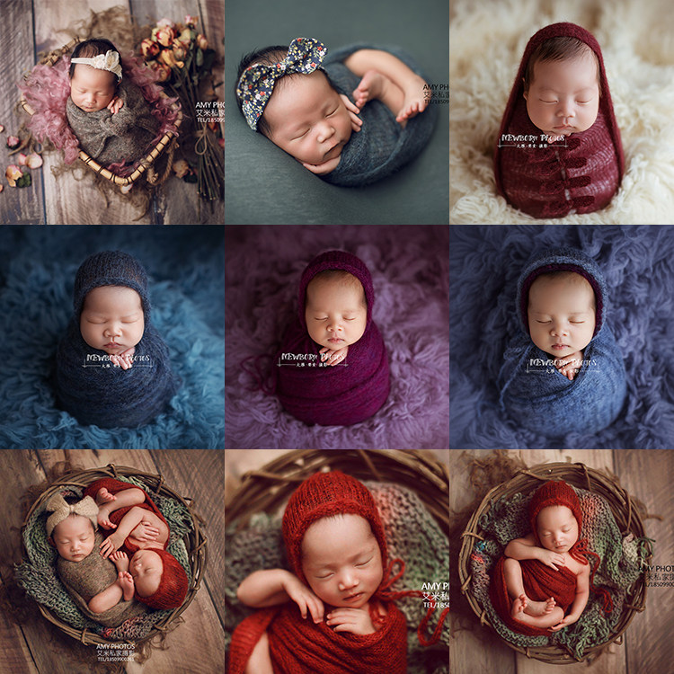 莫兰迪色新生儿满月轻巧质感马海毛针织儿童摄影帽子裹布垫毯道具