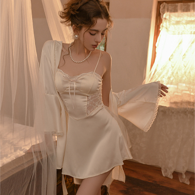 带胸垫冰丝吊带睡裙睡袍套装