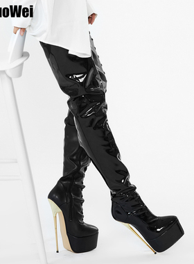 新款22CM金色细跟防水台性感情趣高跟亮皮过膝长筒靴漆皮钢管舞鞋