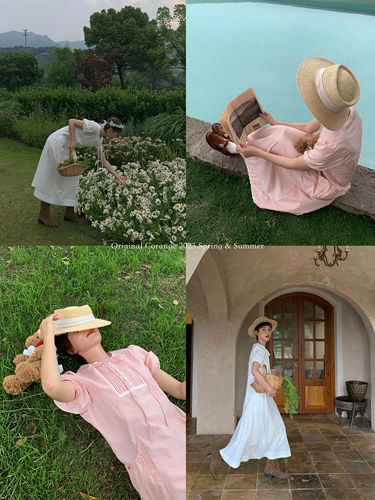 Деревянная юбка, розовое весеннее платье, рукава фонарики, французский стиль