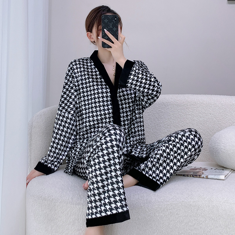 VOCKOO法式高端夏秋冬季睡衣女新款金丝绒千鸟格家居服开衫女套装