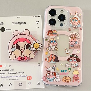 可爱crybaby太阳花哭娃磁吸支架适用iPhone15promax苹果14手机壳13pro防摔1211透明16promax新款xsxr女78plus