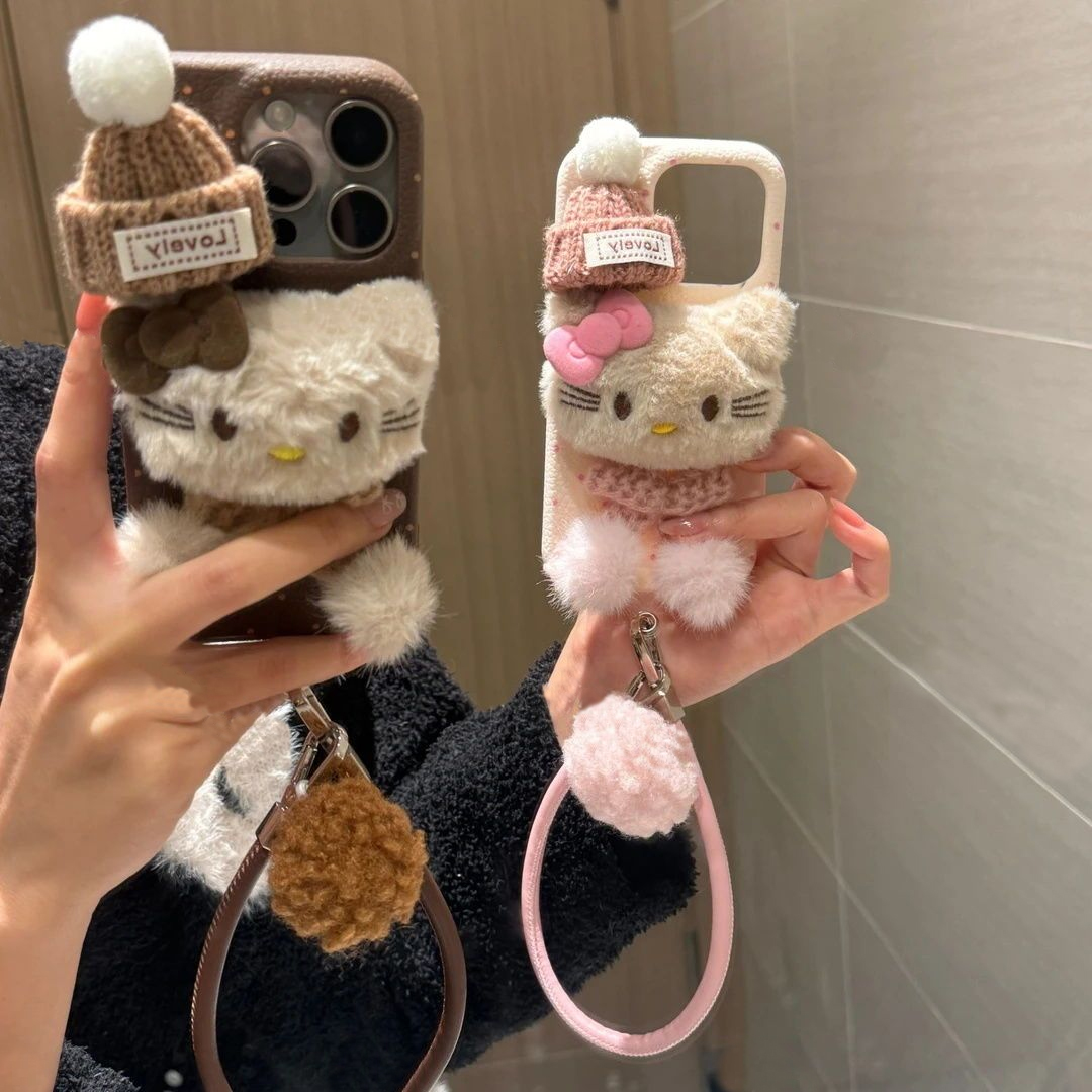 冬季毛绒蝴蝶结凯蒂猫适用iphone15promax14手机壳苹果16软iphone13防摔11/12promax保暖xs/xr皮质6s8p/7plus