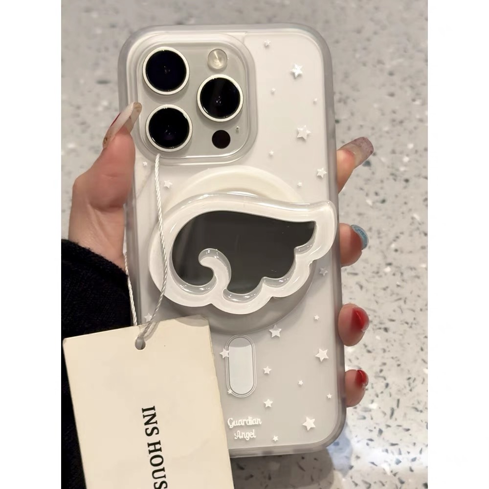 卡通星星天使翅膀镜子磁吸支架适用iPhone15promax苹果14手机壳13pro防摔1211磨砂16promax新款xs/xr女78plus