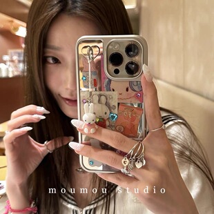 卡通可爱电镀边框补妆镜面兔子适用iPhone15promax苹果14手机壳13pro防摔1211个性16promax女xsxr挂坠78plus