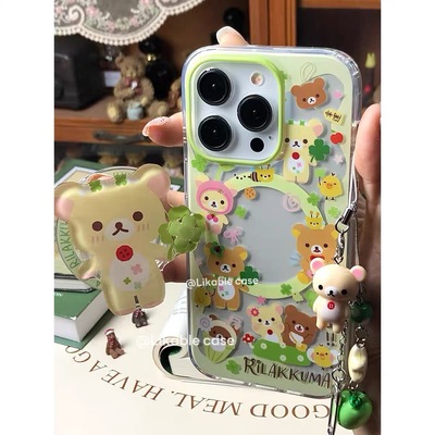 小清新四叶草轻松熊旋转磁吸支架适用iPhone15promax苹果14手机壳13pro防摔1211创意16promax软xs/xr女78plus