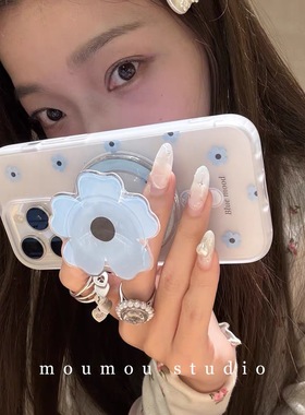 夏日小清新蓝色花朵磁吸支架适用iphone15promax16手机壳苹果1413防摔11/12promax磨砂xs/xr手机套87plus可爱