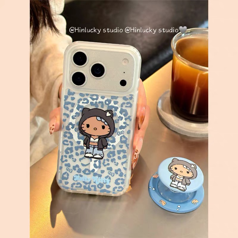 ins蓝色豹纹凯蒂猫磁吸支架适用iPhone17promax苹果1413手机壳15pro防摔1211情侣16promax磨砂xsxr硬壳78plus