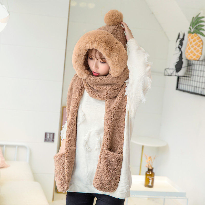 KOREAN VERSION OF CUTE BIG FUR COLLAR HAT SCARF GLOVES INTEGRATED DOUBLE LAYER THICKENED PLUSH WARM THREE-PIECE SET FOR STUDENT GIRLS WINTER