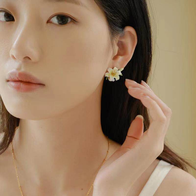 珐琅彩手绘百合花系列耳环项链手链清新气质款耳饰设计款送朋友