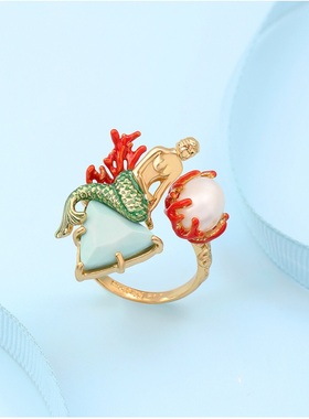 珐琅彩 立体美人鱼巴洛克珍珠戒指 可调节