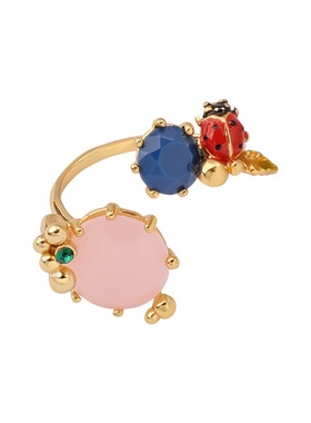 珐琅釉 瓢虫粉色蛋白石戒指开口可调