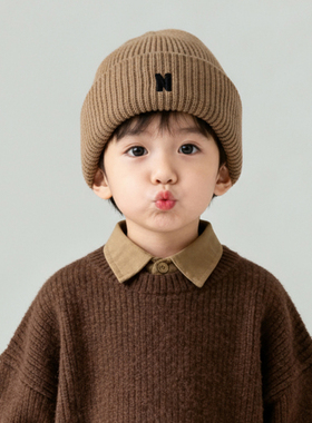 儿童帽子毛线帽秋冬季宝宝针织帽保暖男童女童套头帽简约百搭字母