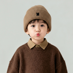 儿童帽子毛线帽秋冬季宝宝针织帽保暖男童女童套头帽简约百搭字母