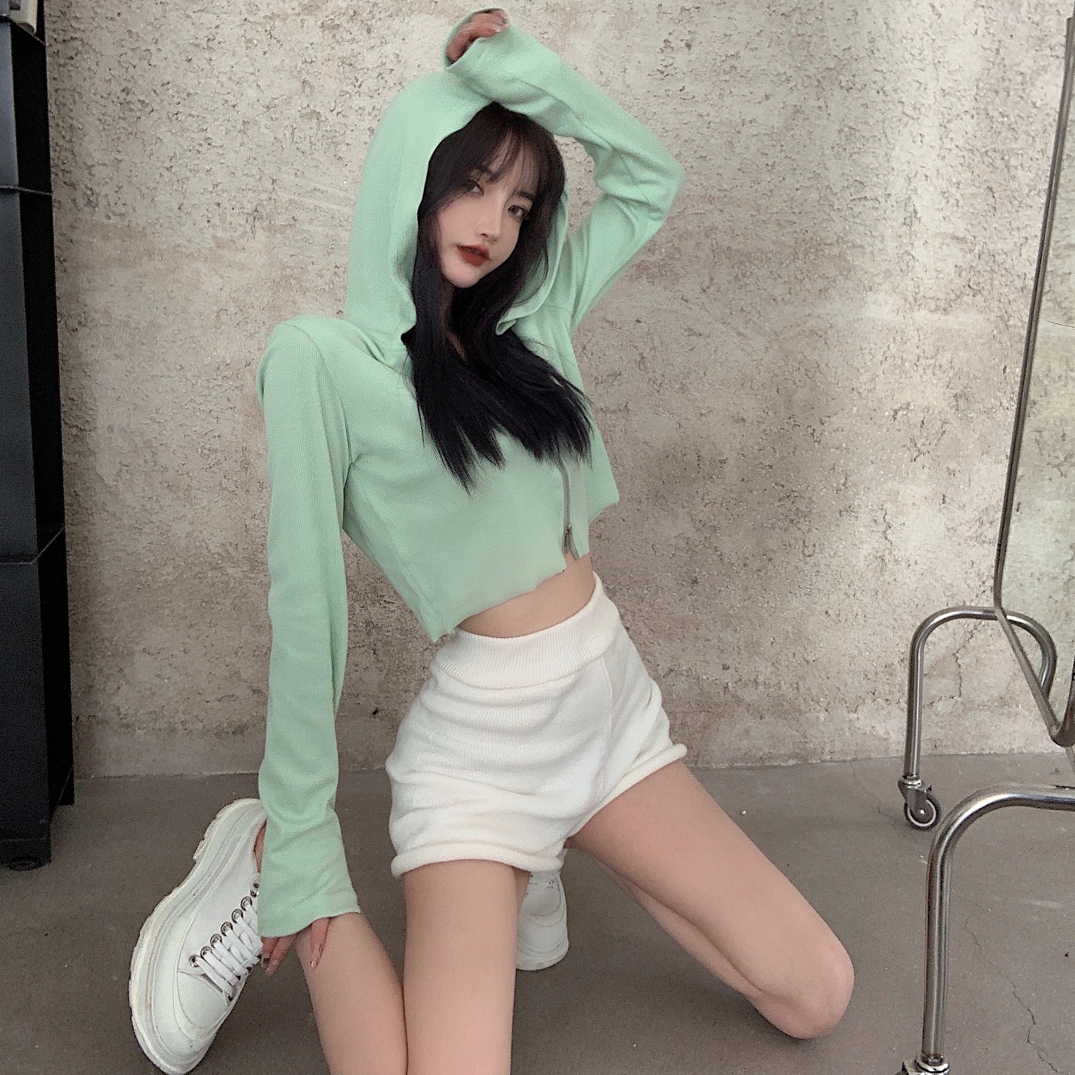 ~Real price hooded sun proof Sports Top High Waist Shorts Set