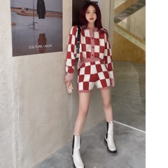 Real price knitted Plaid cardigan skirt suit