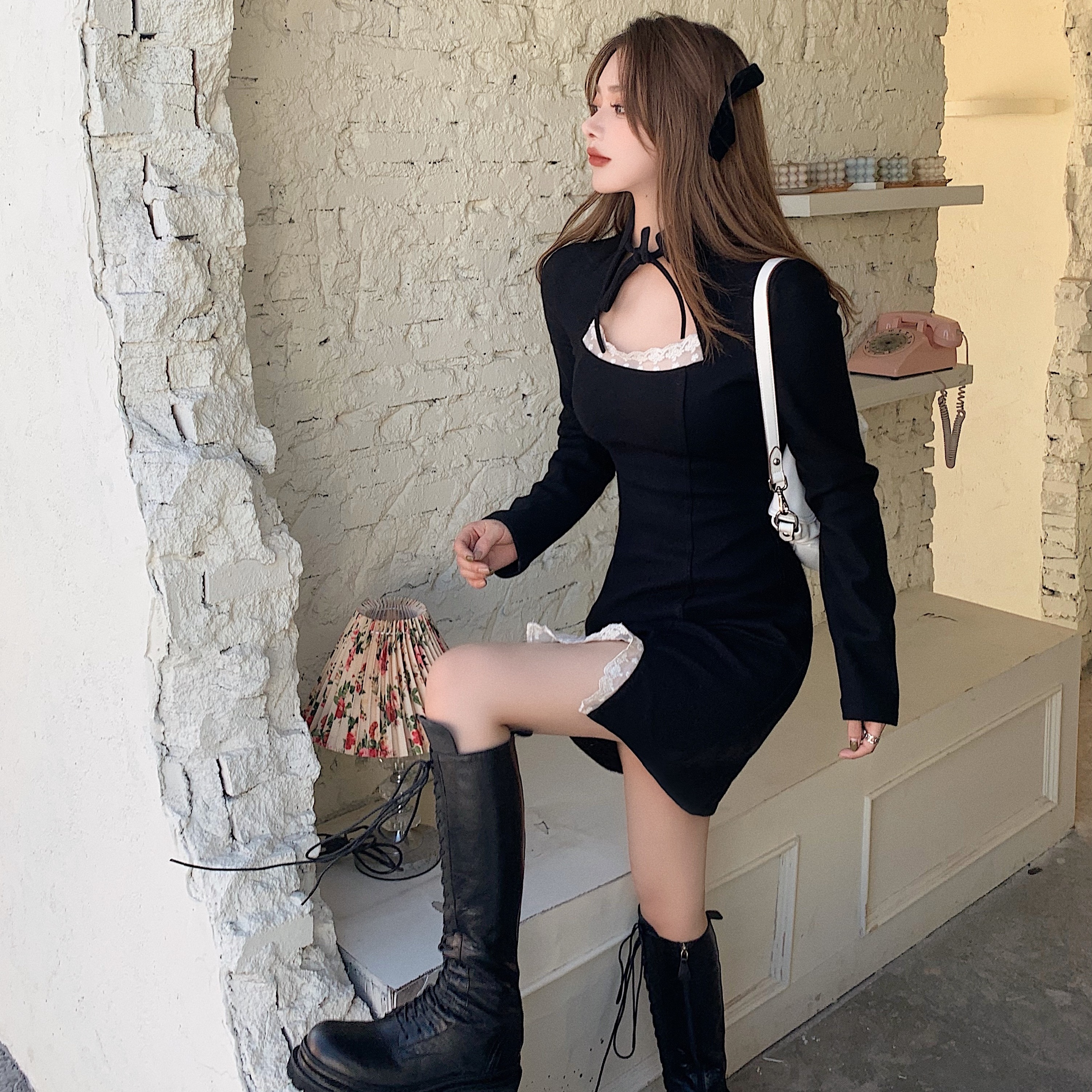 ~Real price design wool lace stitching dress