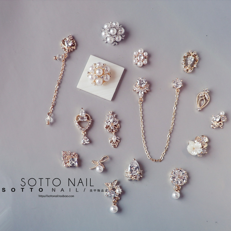 新款日式美甲锆石饰品网红高定款奢华合金镶钻水钻超闪复古珍珠花