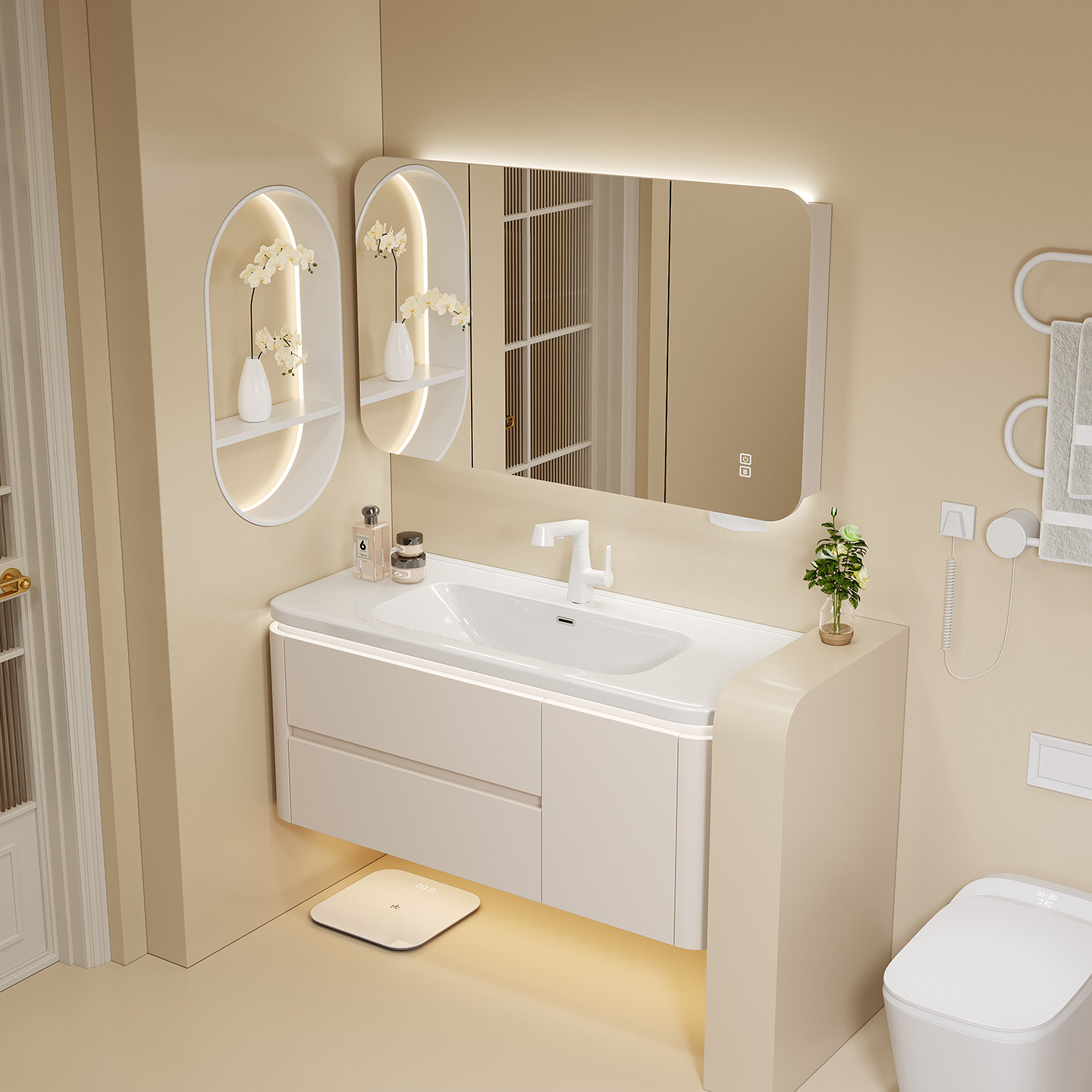 陶瓷一体盆浴室柜组合奶油风洗手脸盆柜卫生间洗漱台现代简约智能,家装主材,浴室柜组合,淘宝优惠券,粉丝福利购,淘宝优惠卷