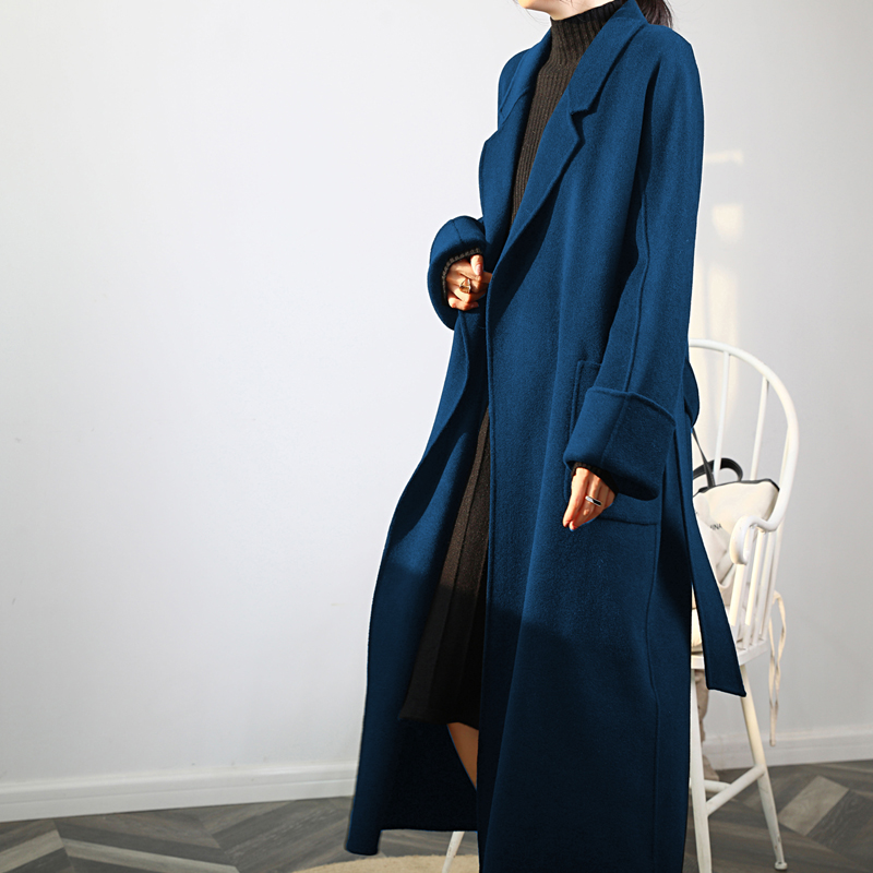 孔雀蓝双面羊绒大衣女中长款冬季加厚收腰显瘦慵懒风睡袍毛呢外套