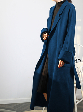 孔雀蓝双面羊绒大衣女中长款冬季加厚收腰显瘦慵懒风睡袍毛呢外套