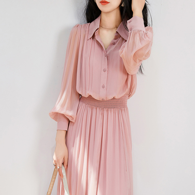法式衬衫领收腰显瘦粉色雪纺连衣裙女夏 长款淑女风超显瘦A字长裙
