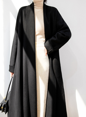 黑色显瘦翻领双面羊绒呢子大衣女中长赫本风高级感新款羊毛呢外套