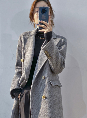 冬装加厚人字纹西装毛呢外套收腰显瘦双面羊绒羊毛呢子大衣女中长