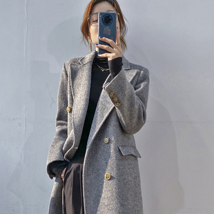 冬装加厚人字纹西装毛呢外套收腰显瘦双面羊绒羊毛呢子大衣女中长